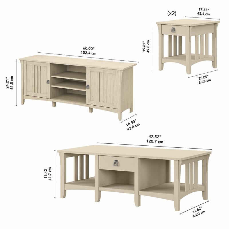 Salinas TV Stand with Coffee and End Tables in Antique White - Engineered Wood