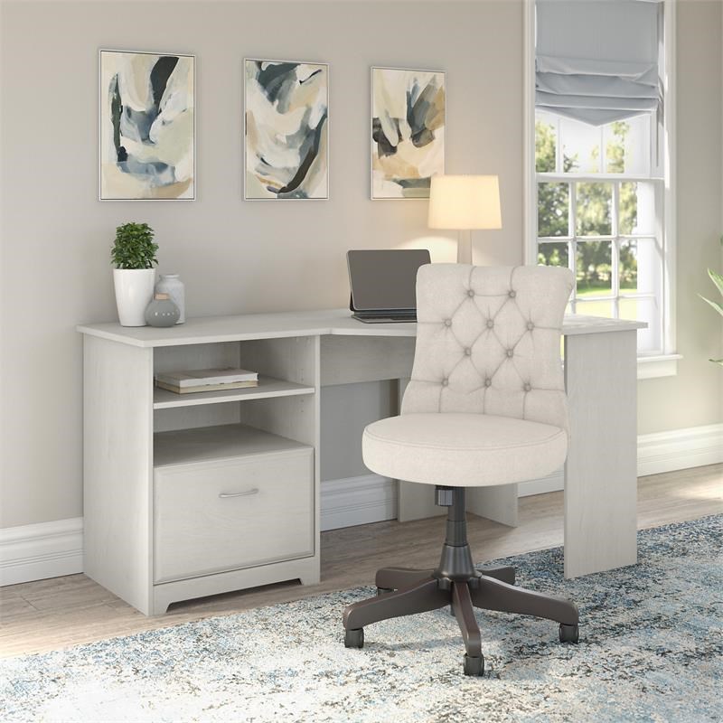 Cabot 60W Corner Desk with Tufted Office Chair in White Oak - Engineered Wood