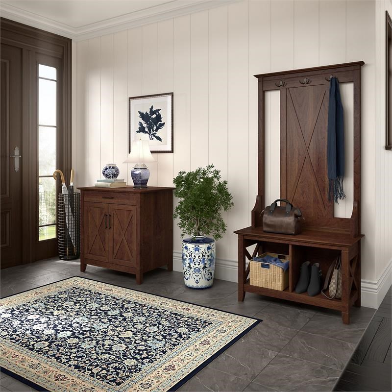 Key West Entryway Storage Set with Armoire Cabinet in Cherry - Engineered Wood