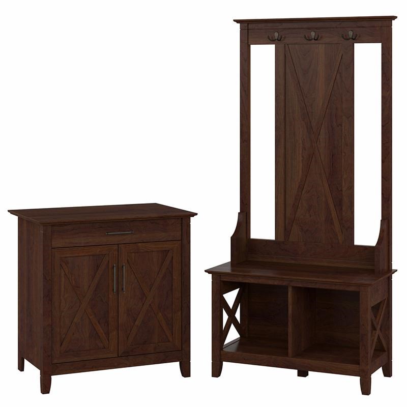 Key West Entryway Storage Set with Armoire Cabinet in Cherry - Engineered Wood