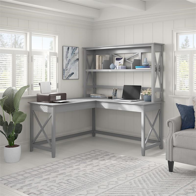 Key West 60W L Shaped Desk with Hutch in Cape Cod Gray - Engineered Wood
