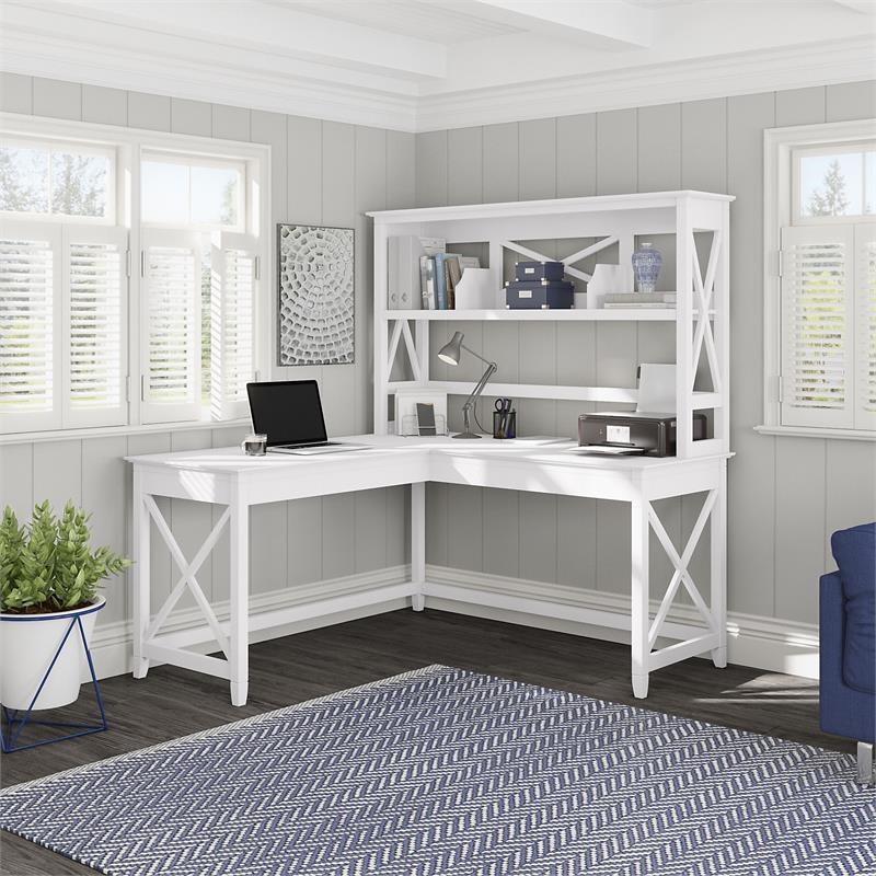 Key West 60W L Shaped Desk with Hutch in Pure White Oak - Engineered Wood