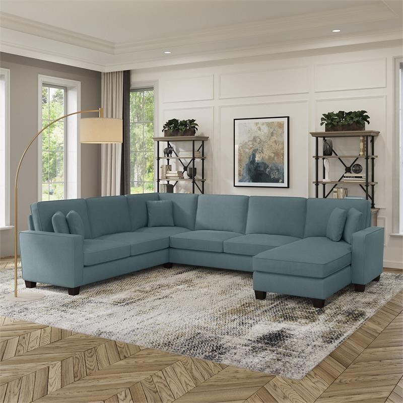 Stockton 127W U Couch with Reversible Chaise in Turkish Blue Herringbone Fabric