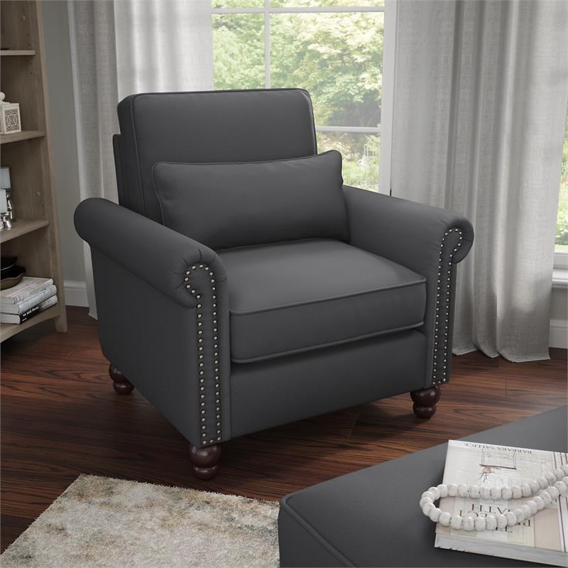 Coventry Accent Chair with Arms in Charcoal Gray Herringbone Fabric