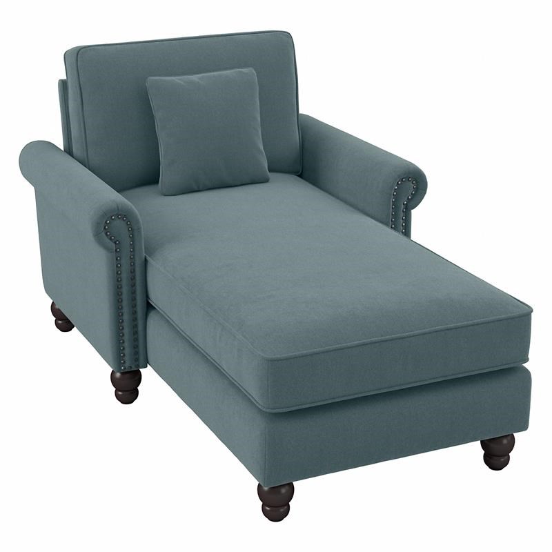 Coventry Chaise with Arms in Turkish Blue Herringbone Fabric