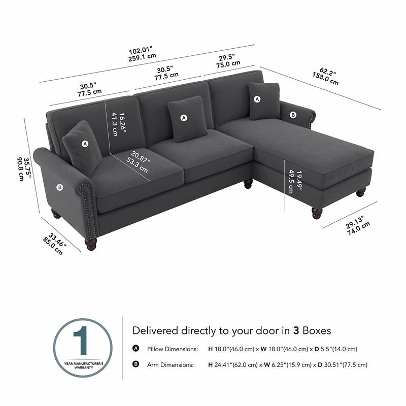 Coventry Sectional with Rev. Chaise in Charcoal Gray Herringbone Fabric