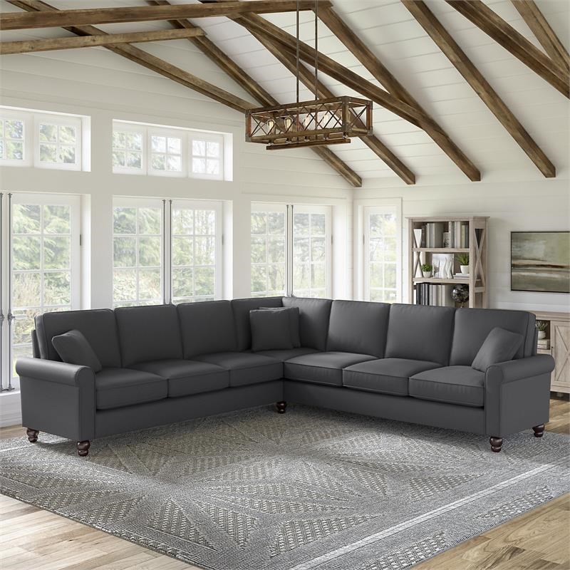 Hudson 111W L Shaped Sectional Couch in Charcoal Gray Herringbone Fabric