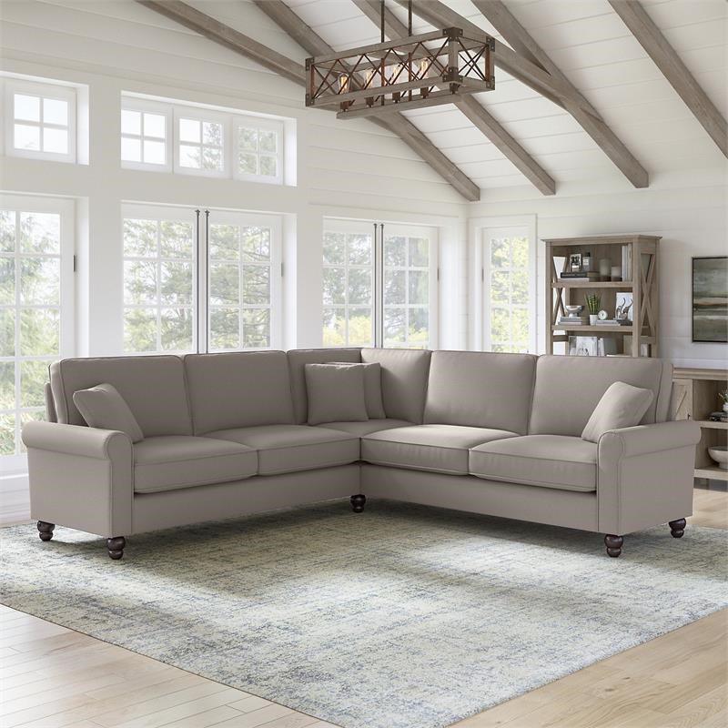 Hudson 99W L Shaped Sectional Couch in Beige Herringbone Fabric