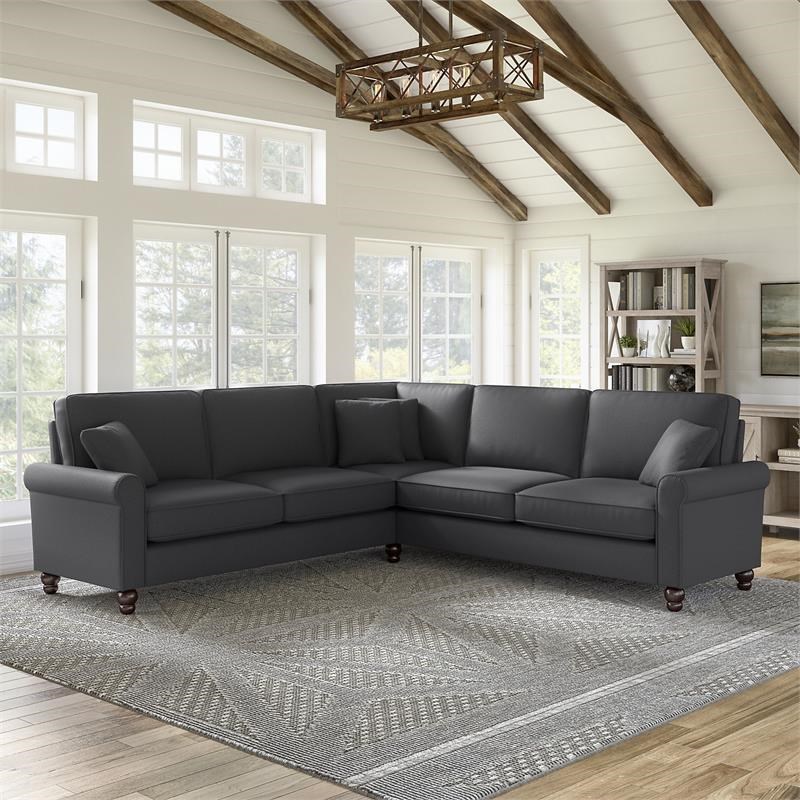 Hudson 99W L Shaped Sectional Couch in Charcoal Gray Herringbone Fabric