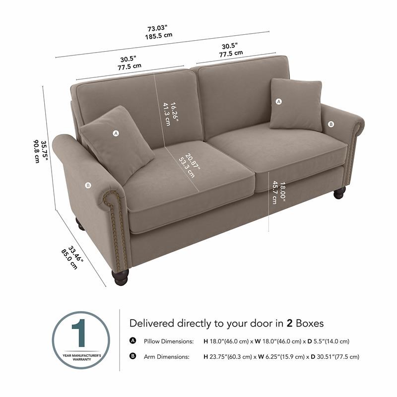 Coventry 73W Sofa in Tan Microsuede