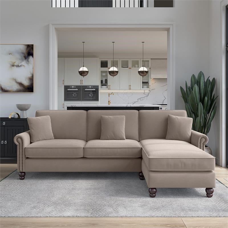 Coventry Sectional Couch with Reversible Chaise in Tan Microsuede