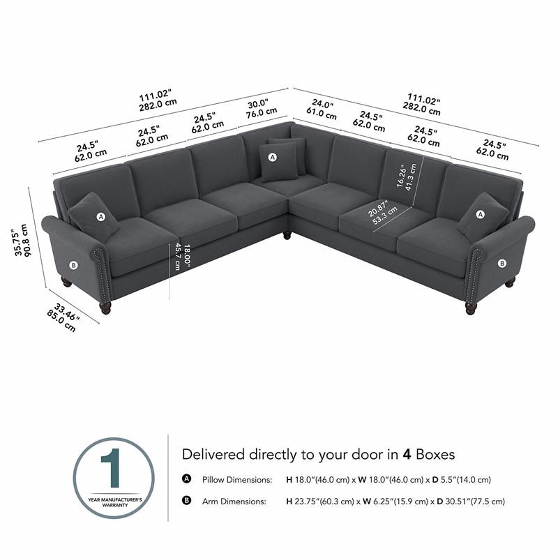 Coventry 111W L Shaped Sectional Couch in Dark Gray Microsuede