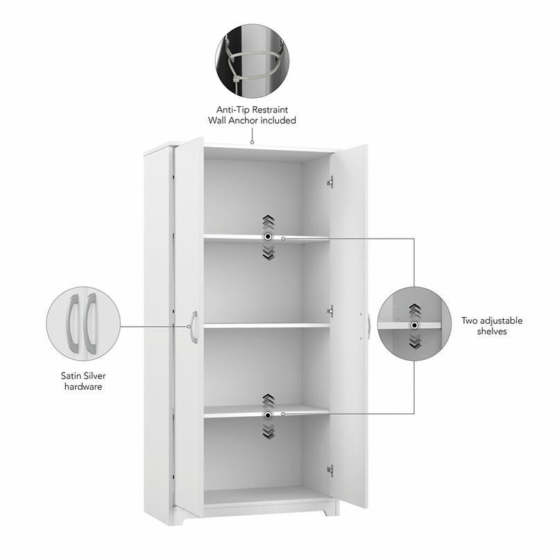 Cabot Tall Bathroom Storage Cabinet with Doors in White - Engineered Wood