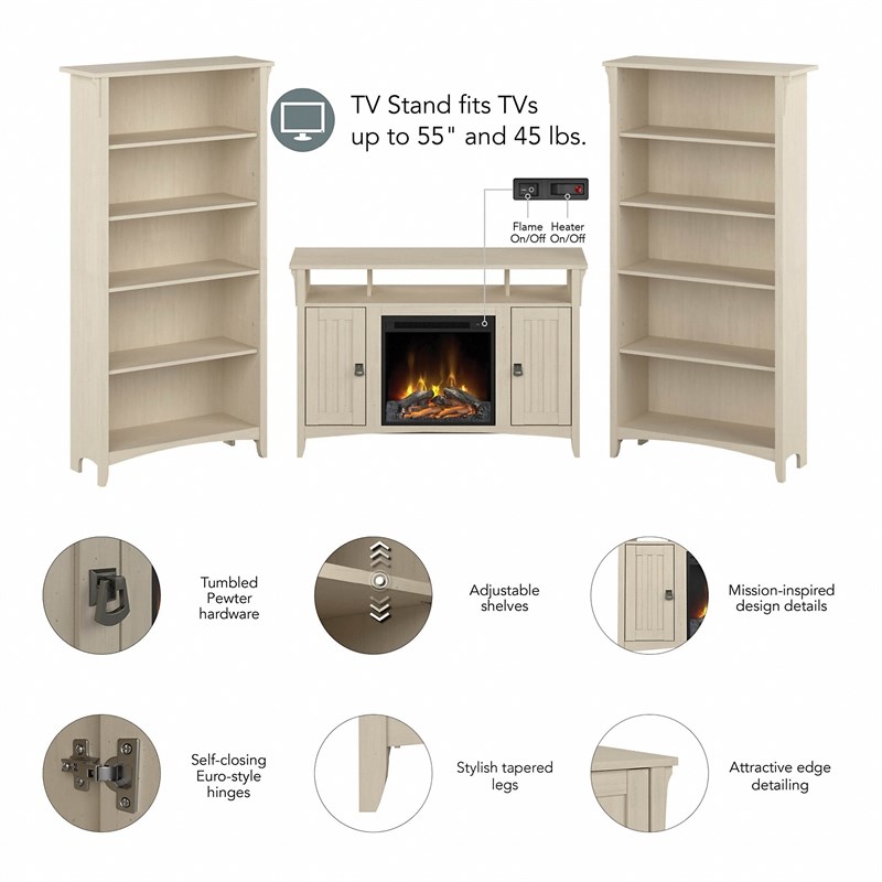Salinas Fireplace TV Stand with Bookcases in Antique White - Engineered Wood