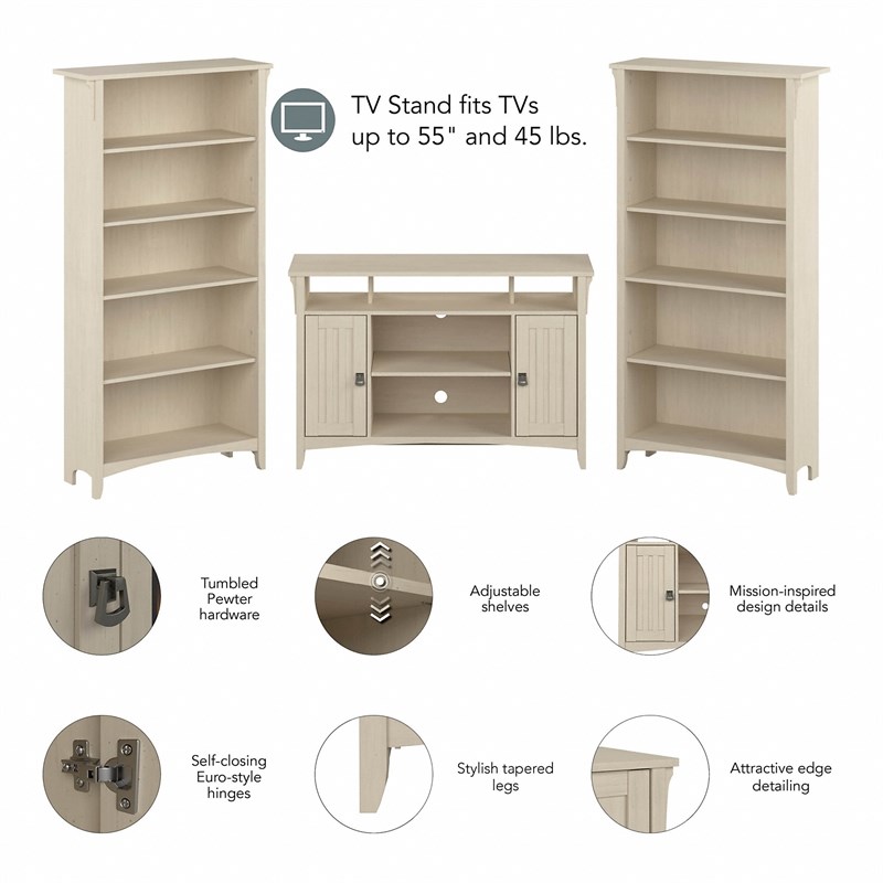 Salinas TV Stand for 55 Inch TV w/ Bookcases in Antique White - Engineered Wood