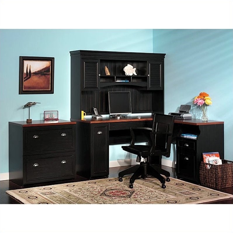 Bush Furniture Fairview L-Shaped Wood Home Office Set in Black