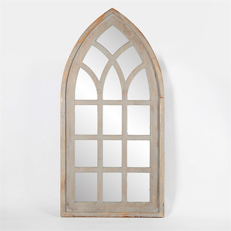 LuxenHome Weathered Gray Wood Cathedral Window Wall Mirror | Homesquare