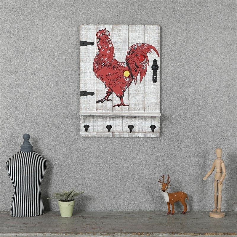 LuxenHome Red Metal Rooster on Wood Wall Decor with Key Hooks