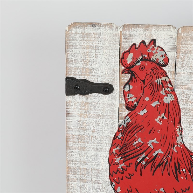 LuxenHome Red Metal Rooster on Wood Wall Decor with Key Hooks