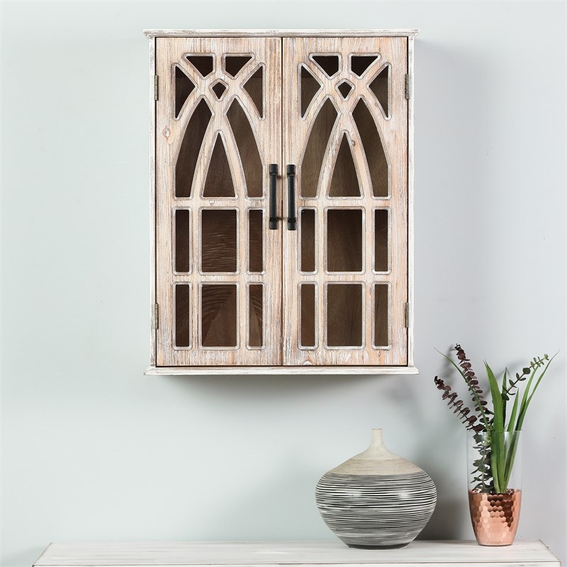 LuxenHome Farmhouse White and Natural Wood Cathedral-Style 2-Door Wall Cabinet