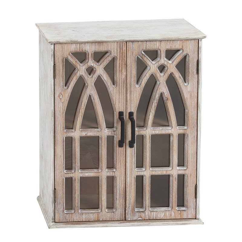 LuxenHome Farmhouse White and Natural Wood Cathedral-Style 2-Door Wall Cabinet