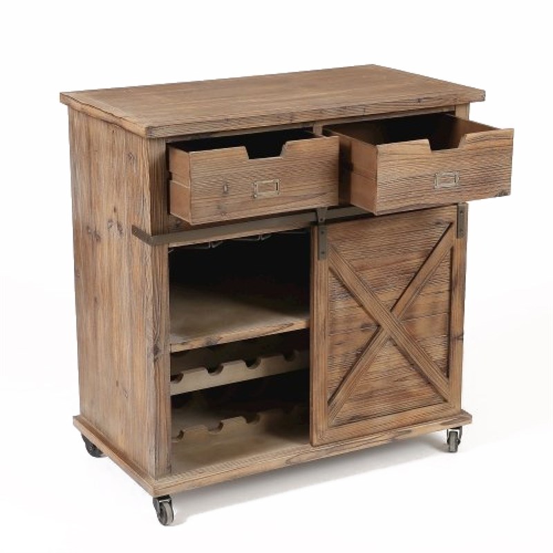 LuxenHome Rustic Wood Sliding Barn Door Wine Cabinet