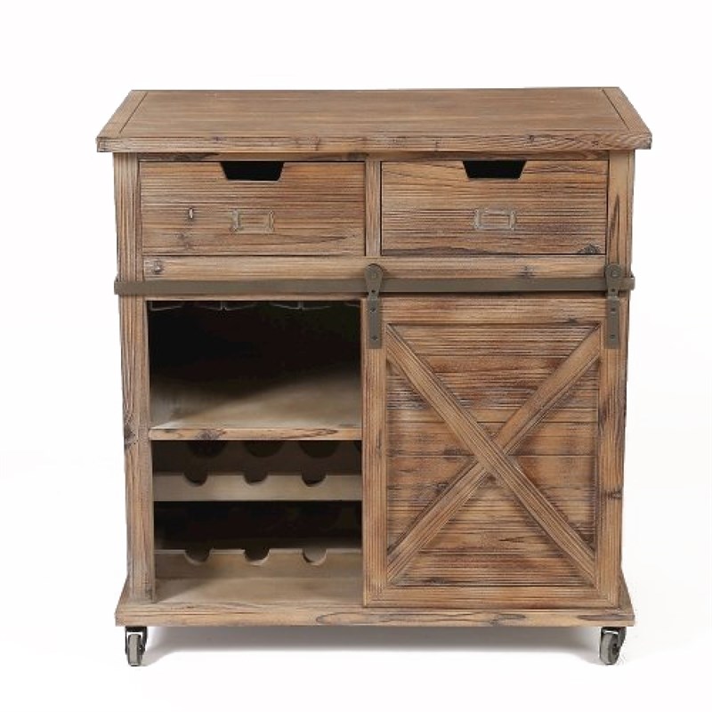 LuxenHome Rustic Wood Sliding Barn Door Wine Cabinet