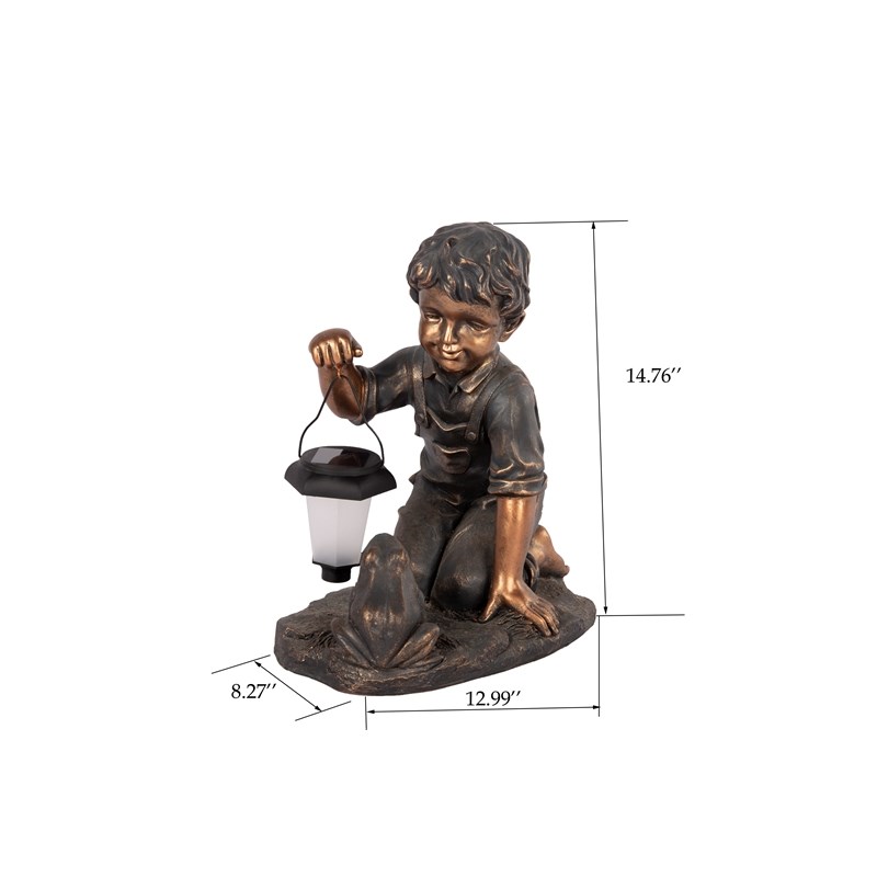 LuxenHome Boy and Frog Bronze Polyresin Garden Statue with Solar Light