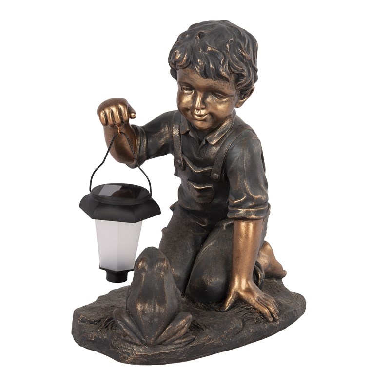 LuxenHome Boy and Frog Bronze Polyresin Garden Statue with Solar Light
