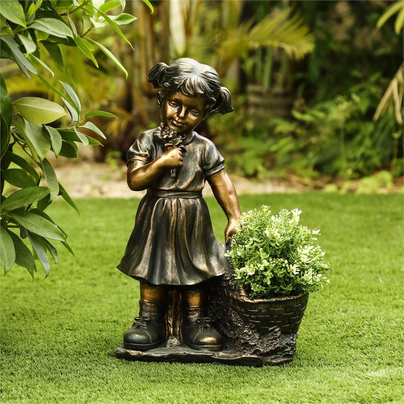 LuxenHome Girl Picking Flowers Bronze Polyresin Garden Statue