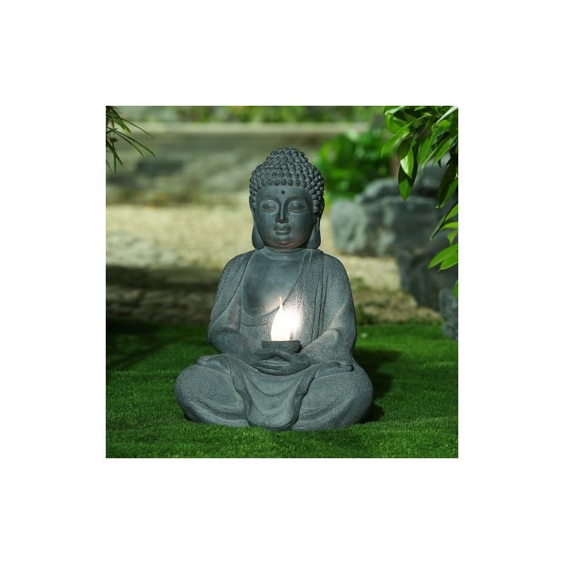 LuxenHome Meditating Buddha Gray MgO Garden Statue with Solar Light