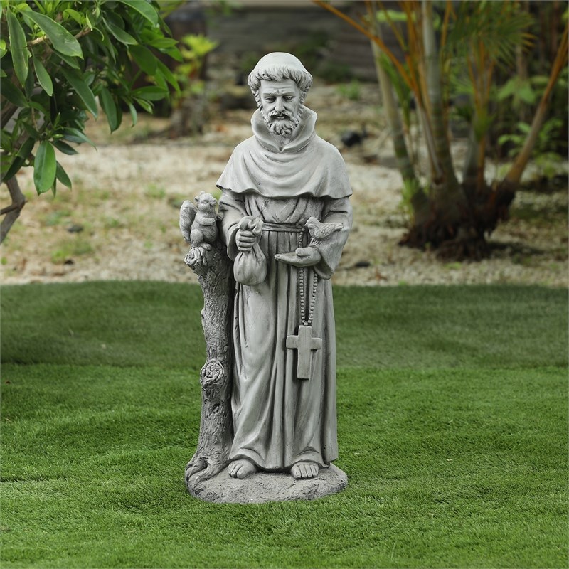 LuxenHome 31-Inch H Gray MgO Saint Francis Indoor/Outdoor Statue