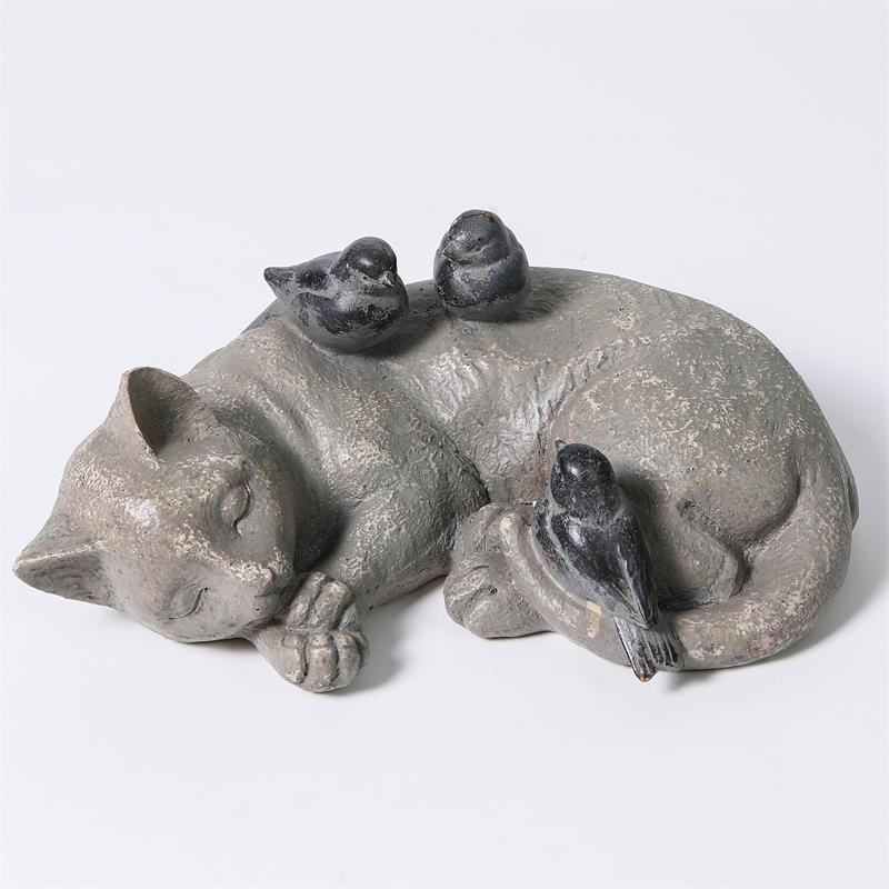 LuxenHome Napping Cat with Birds Gray Polyresin Garden Statue