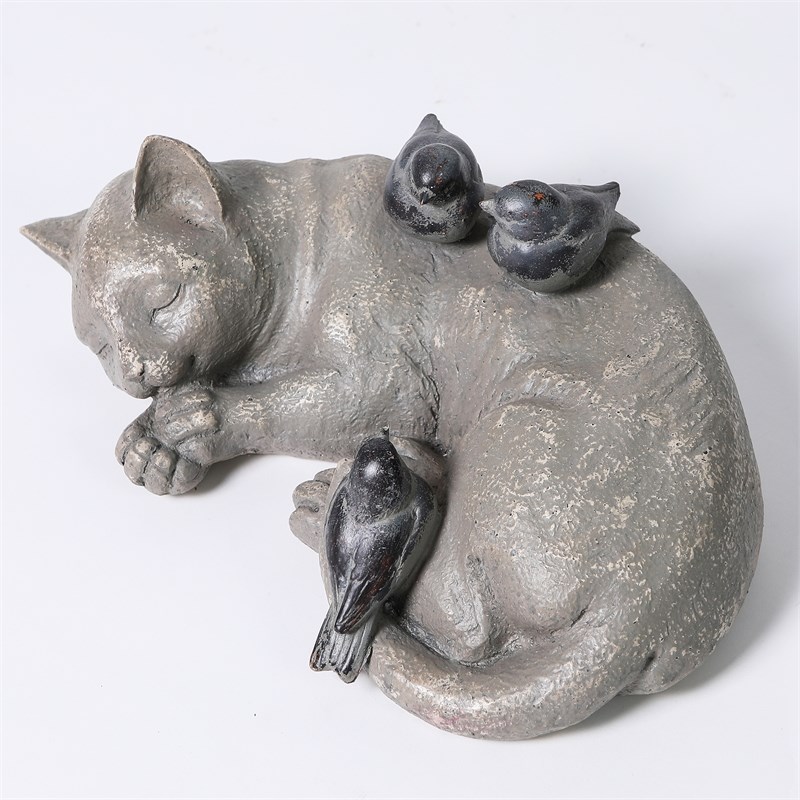 LuxenHome Napping Cat with Birds Gray Polyresin Garden Statue