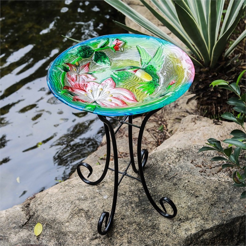 LuxenHome MultiColor Glass Hummingbird Birdbath with Metal Stand
