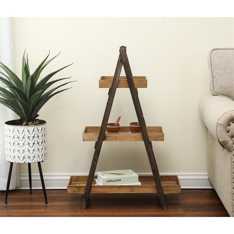 LuxenHome A-Frame Ladder 3-Shelf Wood Plant Stand and Bookcase