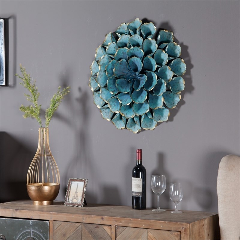 luxen home 23.5in. diameter teal flower metal wall sculpture wha540