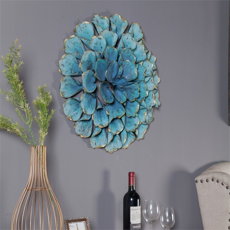 luxen home 23.5in. diameter teal flower metal wall sculpture wha540