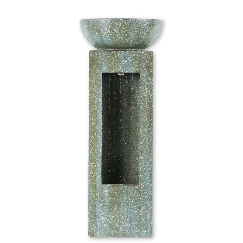 LuxenHome Stone Gray and Patina Green Cement Column Outdoor Fountain with Lights