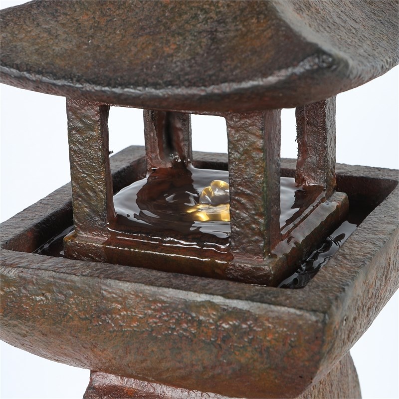 LuxenHome Brown Resin Japanese Pagoda Fountain with LED Light