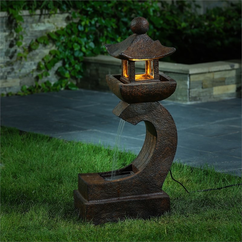 LuxenHome Brown Resin Japanese Pagoda Fountain with LED Light