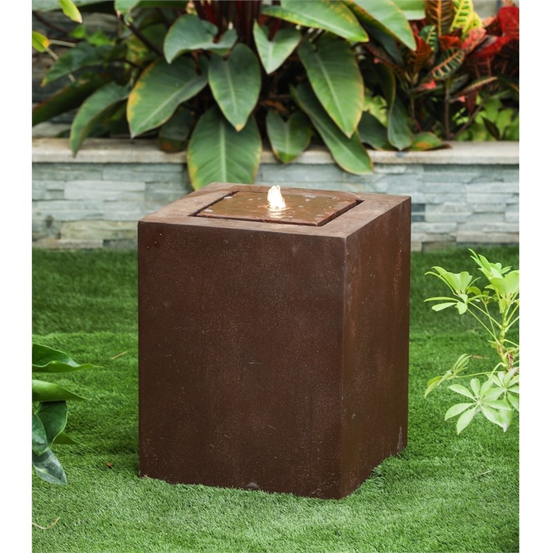 LuxenHome Rustic Brown Cement Square Bubbler Outdoor Fountain with LED Light