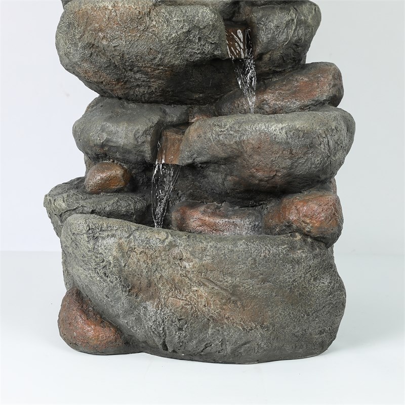 LuxenHome Gray Resin Rock Cascading Water Outdoor Fountain