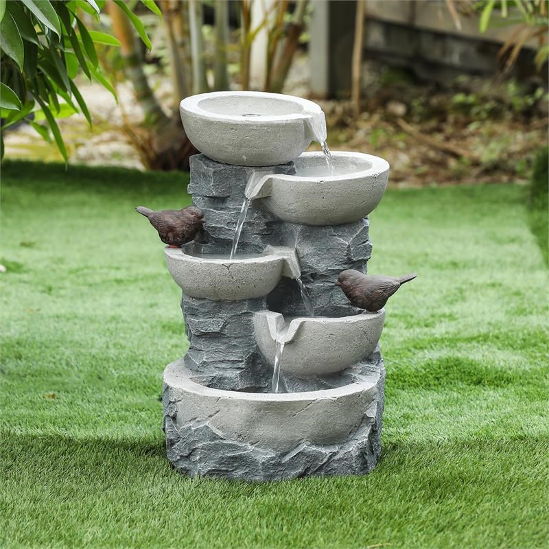 LuxenHome Polyresin Gray Tiered Pots Patio Fountain | Homesquare