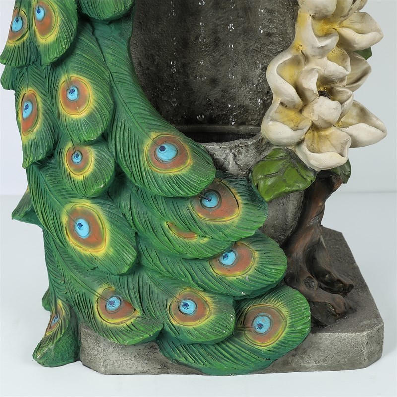 LuxenHome Blue and Green Resin Peacock Outdoor Fountain with Lights