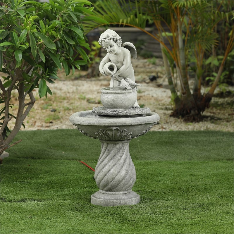 LuxenHome Gray Resin Cherub Birdbath Outdoor Patio Fountain