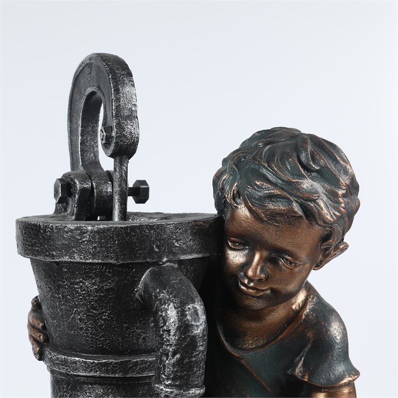 LuxenHome Resin Children and Water Pump Outdoor Patio Fountain