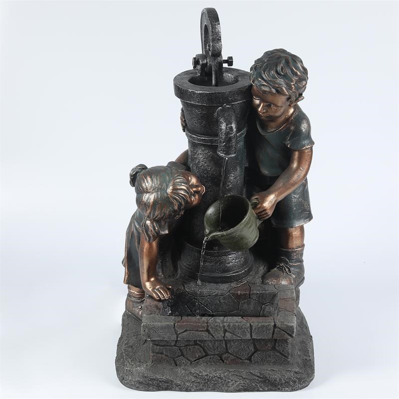 LuxenHome Resin Children and Water Pump Outdoor Patio Fountain