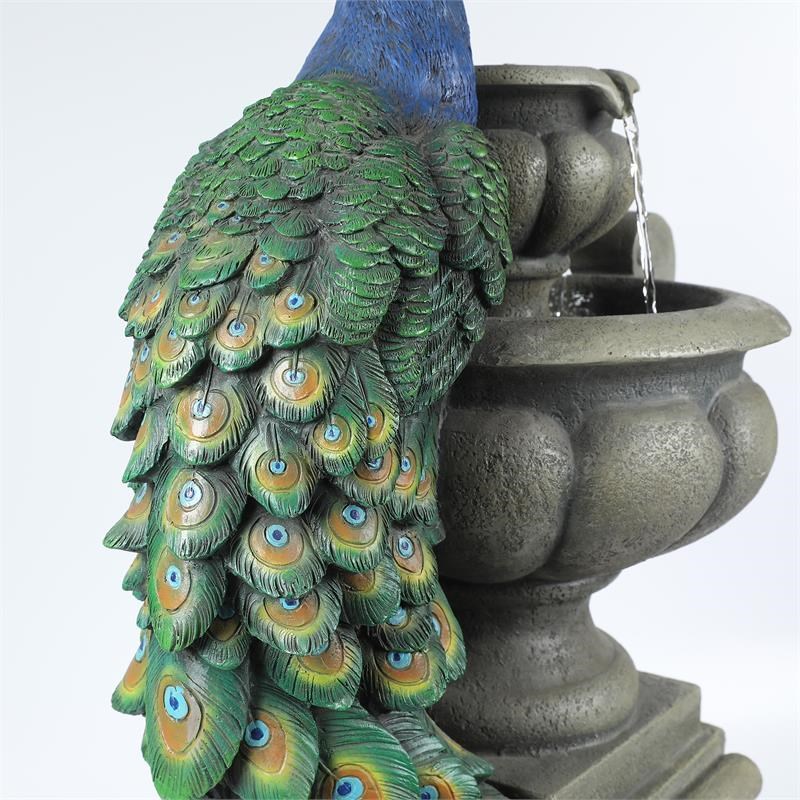 LuxenHome Resin Peacock and Tiered Urns Outdoor Patio Fountain with LED Light