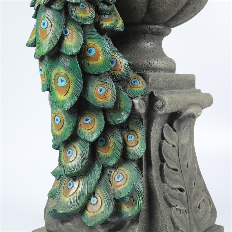 LuxenHome Resin Peacock and Tiered Urns Outdoor Patio Fountain with LED Light